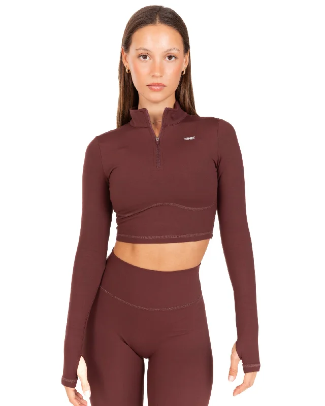 Women's Simple Long Sleeve Tee -Auraluxe Crop Long Sleeve - Decadent Chocolate