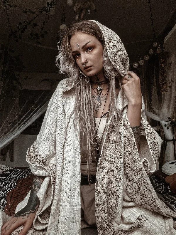 Kimono for Resort Season-AYAWA Womens Kimono Cape Robe Beige Cream Hooded Shipibo Sacred Patterns Ceremony Ritual Shaman Tribal Shawl Viking Festival Wrap AJJAYA