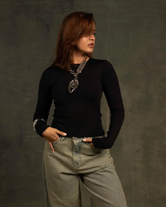 Women's Cool Long Sleeve Shirt with Cuffed Sleeves -Black Long Sleeve Top