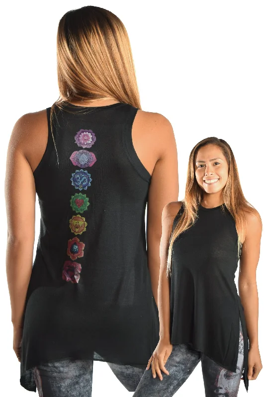 Women's Lightweight Camis for All Weather -Black Shark Bite Tank With Full Chakra Back
