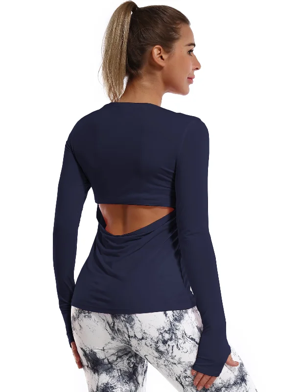 Women's Casual Long Sleeve Tee with Minimalist Look -Open Back Long Sleeve Tops darknavy Women's Casual Long Sleeve Tee with Minimalist Look -Open Back Long Sleeve Tops darknavy