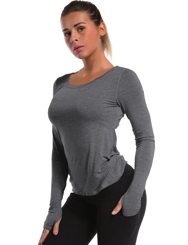 Women's Classic Long Sleeve T-shirt for Office Wear -Open Back Long Sleeve Tops heathercharcoal Women's Classic Long Sleeve T-shirt for Office Wear -Open Back Long Sleeve Tops heathercharcoal