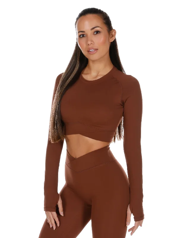 Women's Sleek Long Sleeve T-shirt -Cross Over Long Sleeve - Cappuccino
