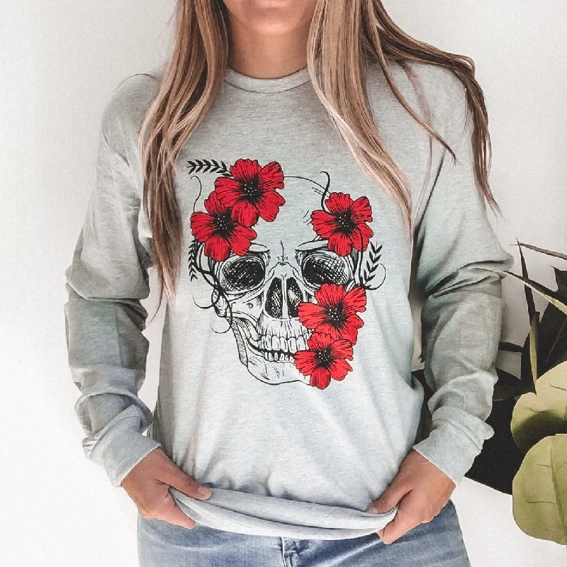 Women's Oversized Long Sleeve T-shirt -Floral Skull • Gray Long Sleeved