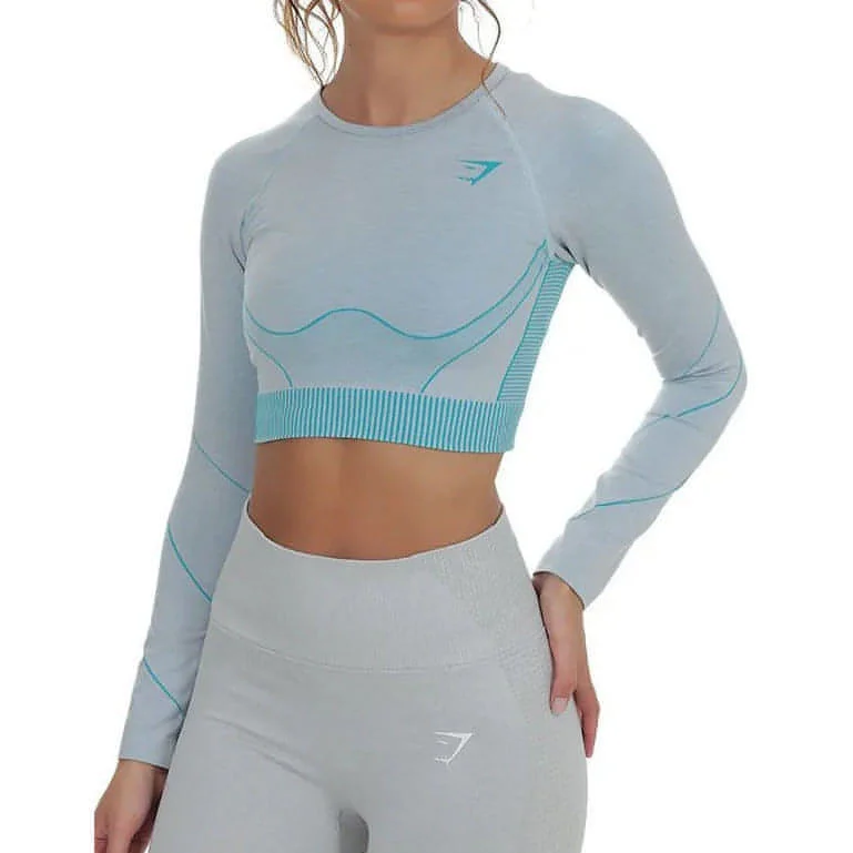 Women's Soft Long Sleeve T-shirt for Fall -Gymshark Hyper Amplify Seamless Womens Long Sleeve Crop Top - Blue