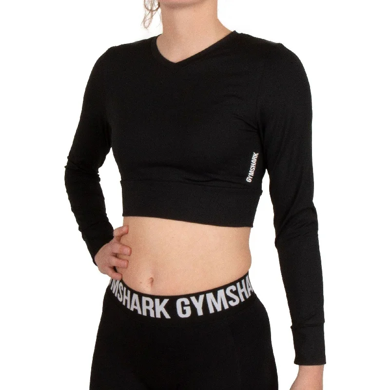 Women's Relaxed Fit Long Sleeve Top for Comfort -Gymshark Pause Strappy Long Sleeve Womens Crop Top - Black