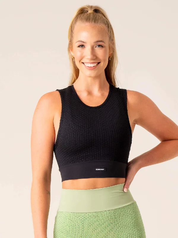 Women's Ruffle Tank Tops -Honeycomb Seamless Tank - Black