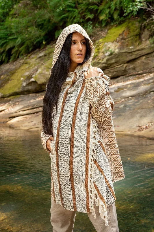 Kimono for Casual Wear-JAPOMONO Hooded Poncho Jacket Kimono Hybrid Large Hood and Pockets Handmade Naturally Dyed Block Printed Tribal Pattern Festival AJJAYA