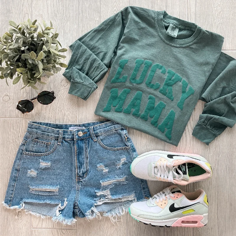 Women's Long Sleeve T-shirt with Statement Print -LUCKY MAMA • Tonal Green Long Sleeve
