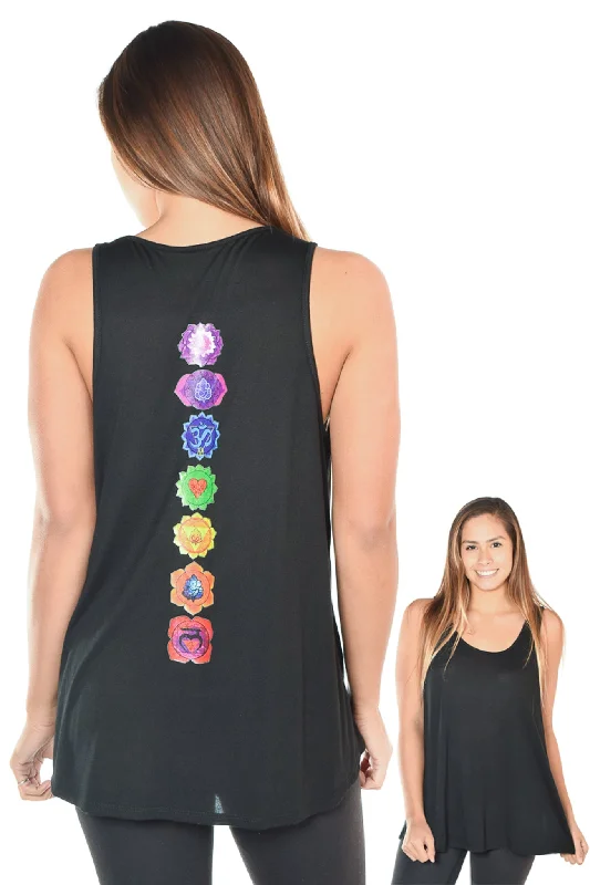 Women's Tank Tops with Bold Color -Luxurious Black Modal Tank With Full Chakras