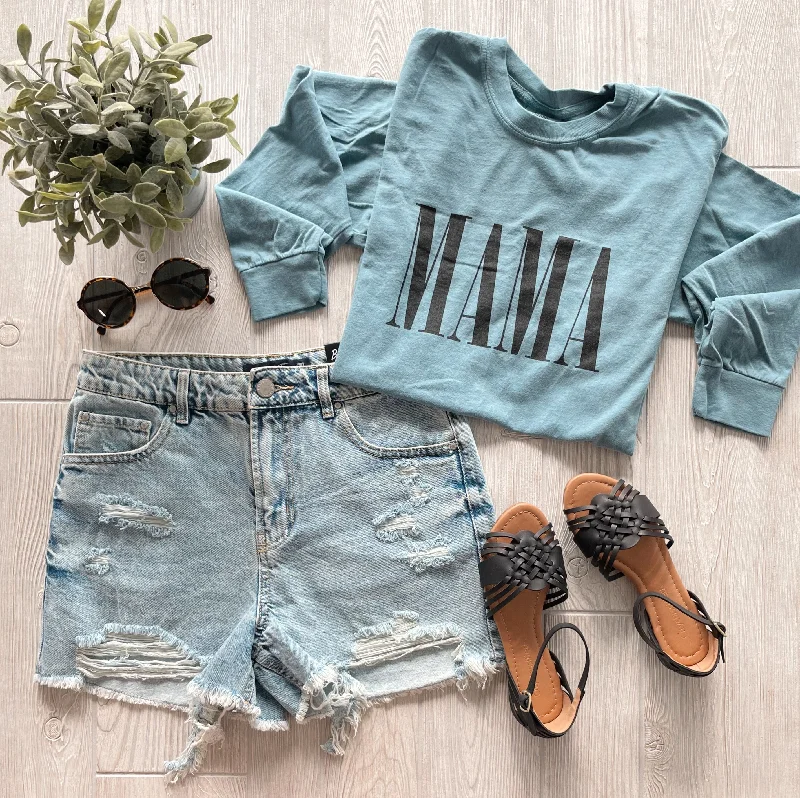 Women's Trendy Long Sleeve T-shirt for Casual Outfits -MAMA • Ice Blue Long Sleeve