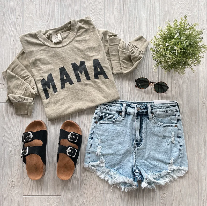 Women's Long Sleeve T-shirt with Pocket -MAMA • Khaki Long Sleeve