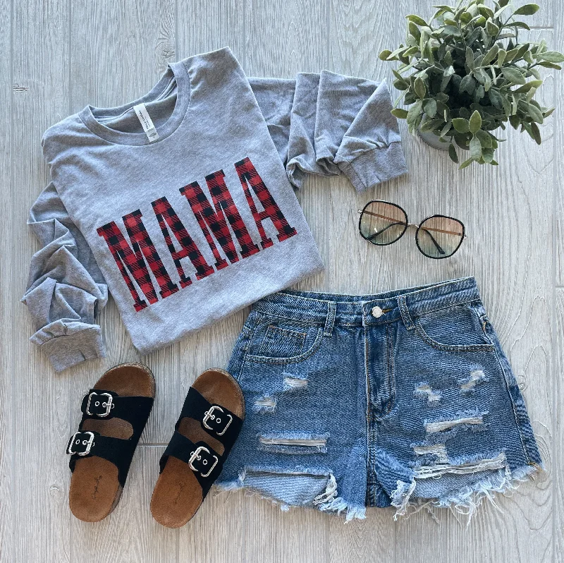 Women's Relaxed Fit Long Sleeve T-shirt -MAMA Plaid • Long Sleeved