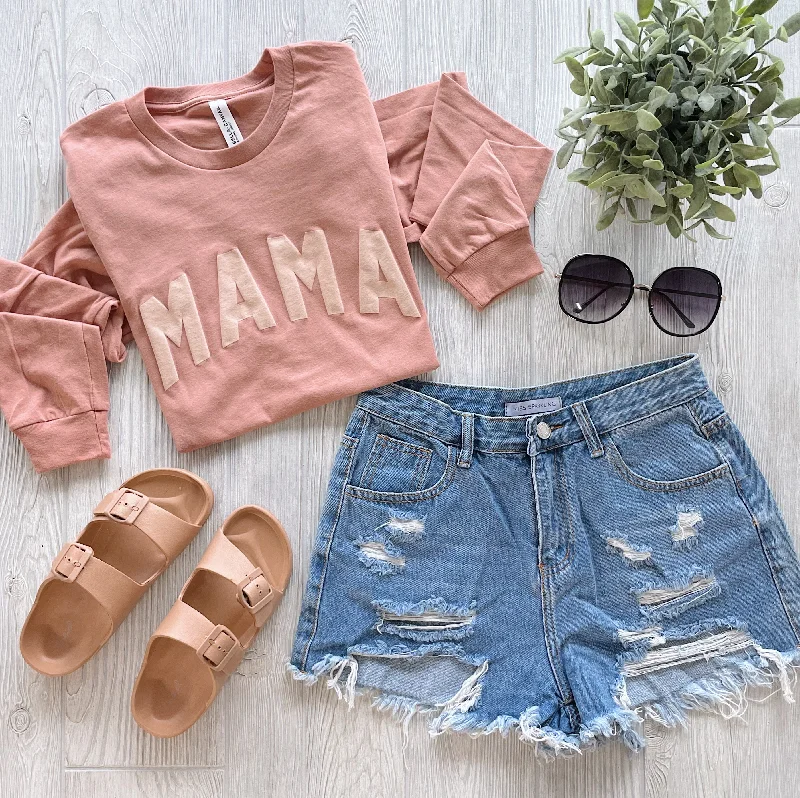 Women's Loose Fit Long Sleeve T-shirt -MAMA • Terracotta Long Sleeve