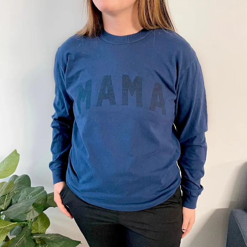 Women's Soft Ribbed Long Sleeve T-shirt -MAMA • Tonal Navy Long Sleeve