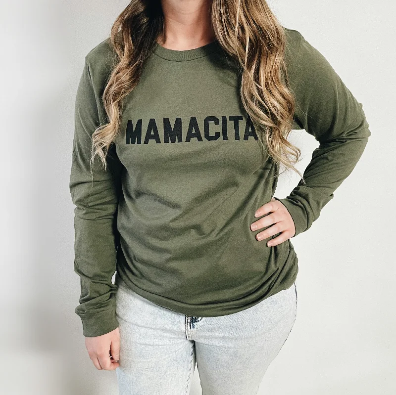 Women's T-shirt with Long Sleeves and V-neck -Mamacita • Olive Long Sleeved