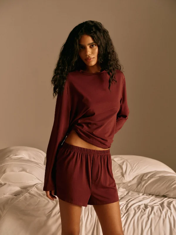 Women's Basic Cotton Long Sleeve T-shirt -Modal Long Sleeve T-shirt - Burgundy