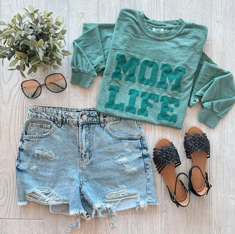 Women's Zip-up Long Sleeve T-shirt -MOM LIFE teal puff • Comfort Long Sleeve