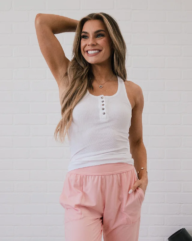 Women's Lightweight Camis for All Weather -Ribbed Henley Tank - White