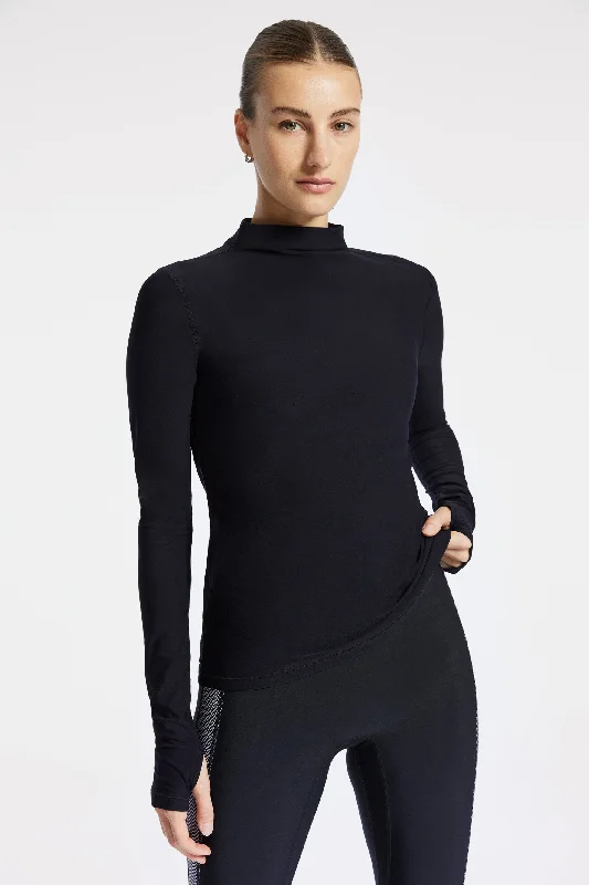 Women's Button-down Long Sleeve T-shirt -Pro Fleece Mock Neck Long Sleeve Top - Black Women's Button-down Long Sleeve T-shirt -Pro Fleece Mock Neck Long Sleeve Top - Black