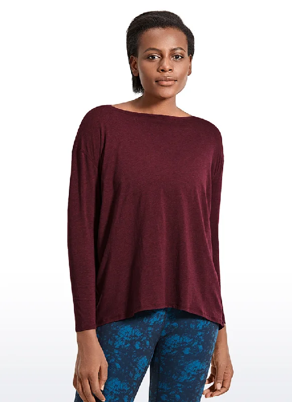 Women's Cozy Long Sleeve T-shirt for Evening Wear -Pima Cotton Long Sleeves Boat Neck
