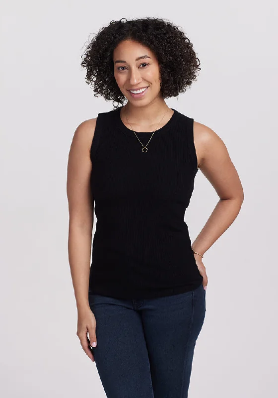 Women's Elegant Tank Tops with Fine Details -Raegan Ribbed Tank Top - Black