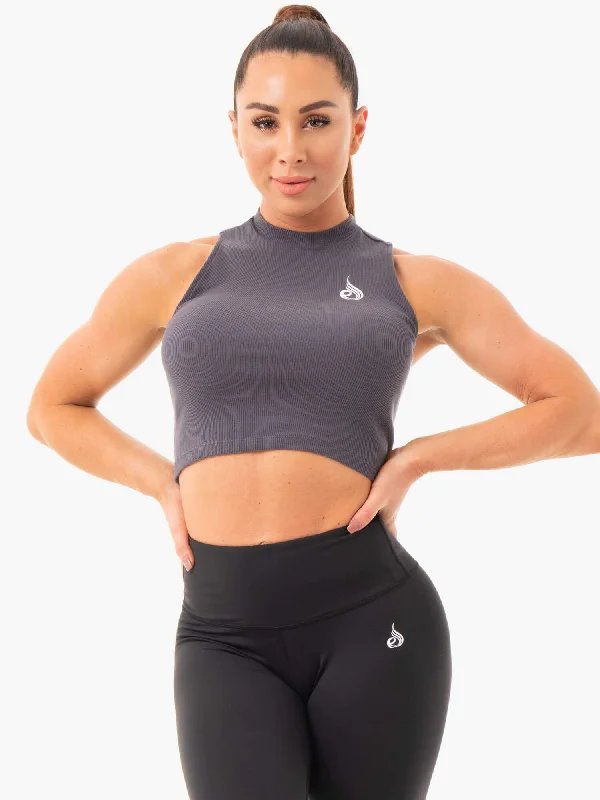Women's Floral Print Tank Tops -Ribbed Crop Tank - Charcoal