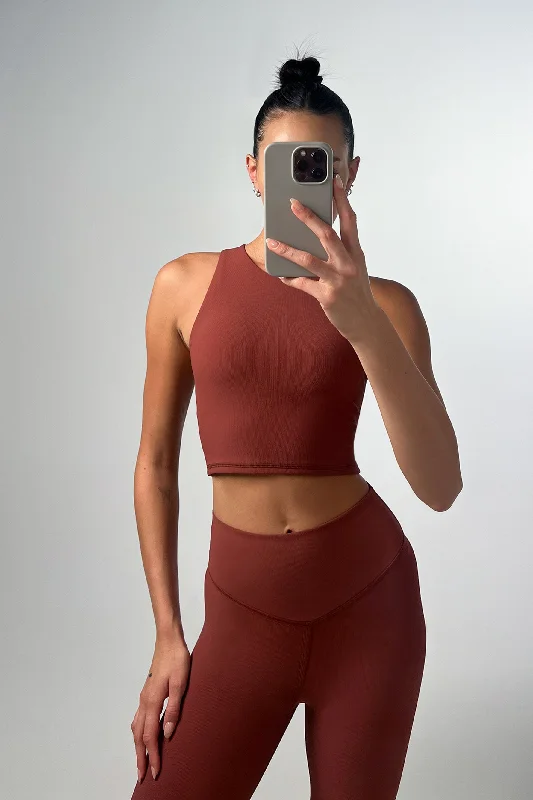 Women's Tank Tops with Mesh Details -Ribbed Jacinta Tank - Brown