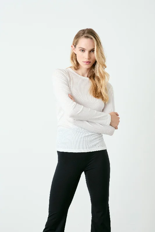Women's Knit Long Sleeve T-shirt -Rivington Ribbed Long Sleeve Top - White