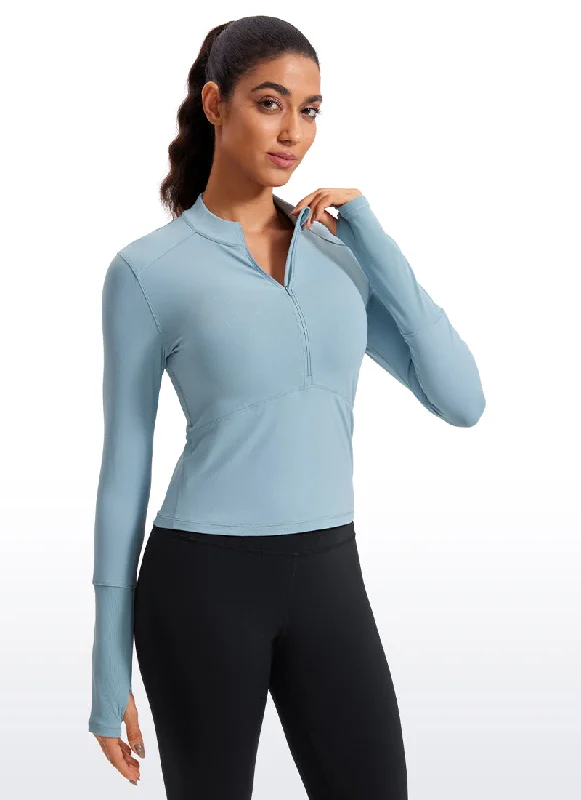 Women's Simple Long Sleeve T-shirt for Wardrobe Essentials -Brushed Half-Zip Long Sleeve Cropped Women's Simple Long Sleeve T-shirt for Wardrobe Essentials -Brushed Half-Zip Long Sleeve Cropped