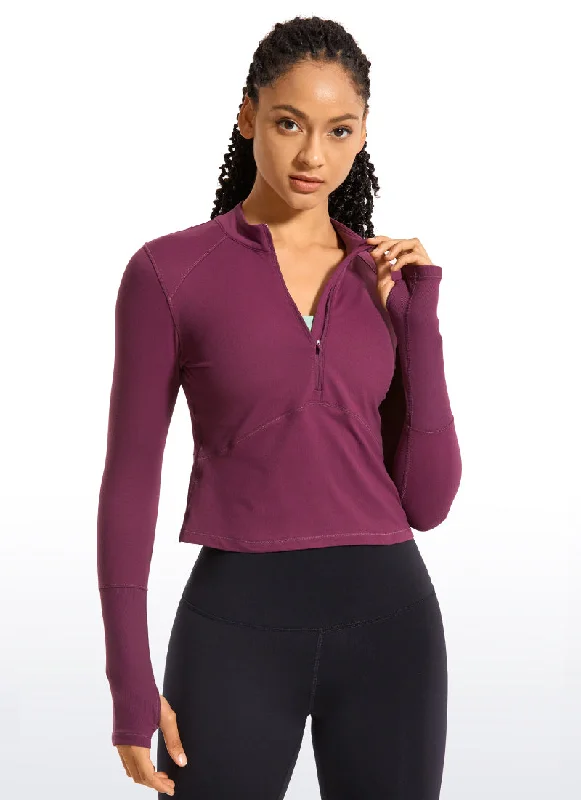 Women's Trendy Long Sleeve Shirt with Easy Fit -Brushed Half-Zip Long Sleeve Cropped