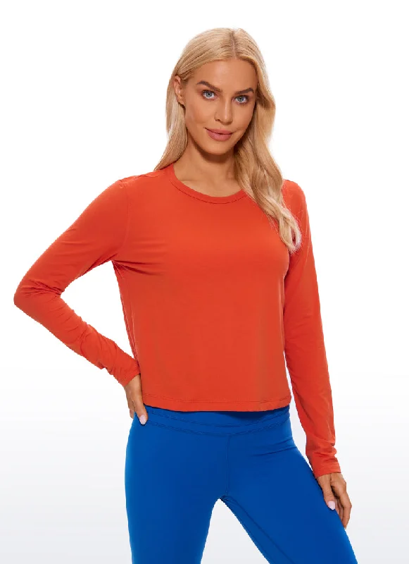 Women's Soft Cotton Long Sleeve T-shirt with Relaxed Fit -Pima Cotton Cropped Long Sleeve Classic Fit