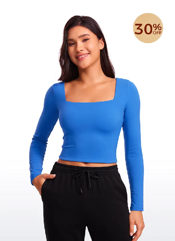 Women's Stylish Long Sleeve T-shirt for Night Out -Butterluxe Double Lined Cropped Long Sleeves Square Neck Women's Stylish Long Sleeve T-shirt for Night Out -Butterluxe Double Lined Cropped Long Sleeves Square Neck