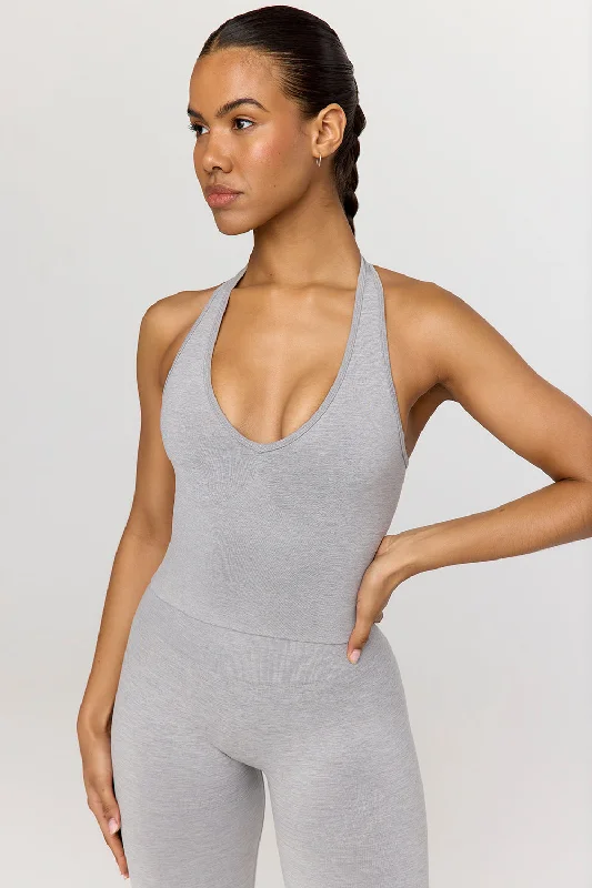 Women's Simple Tank Tops for Weekend Wear -SCULPT SEAMLESS HALTER TANK - LIGHT GREY MARL Women's Simple Tank Tops for Weekend Wear -SCULPT SEAMLESS HALTER TANK - LIGHT GREY MARL