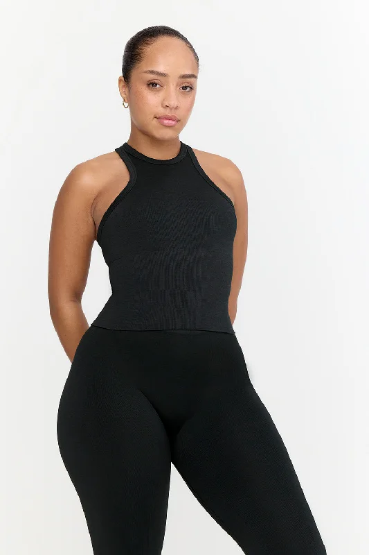 Women's Tank Tops with Fun Prints -SCULPT SEAMLESS RIBBED RACER TANK - BLACK MARL