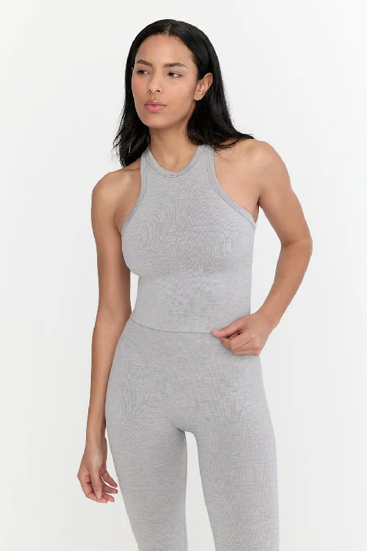 Women's Casual Tank Tops for Beach Days -SCULPT SEAMLESS RIBBED RACER TANK - LIGHT GREY MARL Women's Casual Tank Tops for Beach Days -SCULPT SEAMLESS RIBBED RACER TANK - LIGHT GREY MARL