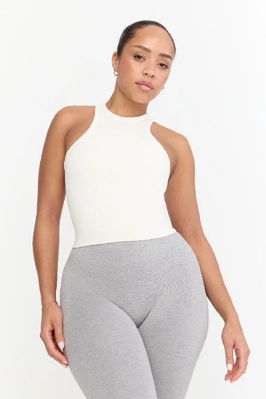 Women's Tank Tops with Decorative Details -SCULPT SEAMLESS RIBBED RACER TANK - MILK MARL Women's Tank Tops with Decorative Details -SCULPT SEAMLESS RIBBED RACER TANK - MILK MARL