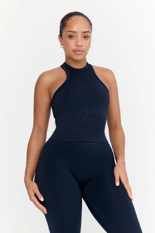 Women's Basic Camis for Easy Layering -SCULPT SEAMLESS RIBBED RACER TANK - NAVY MARL