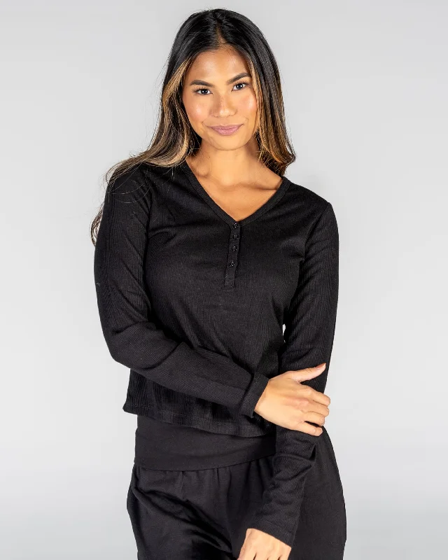 Women's Cotton Blend Long Sleeve T-shirt -Serenity Long Sleeve Henley - Black - Final Sale