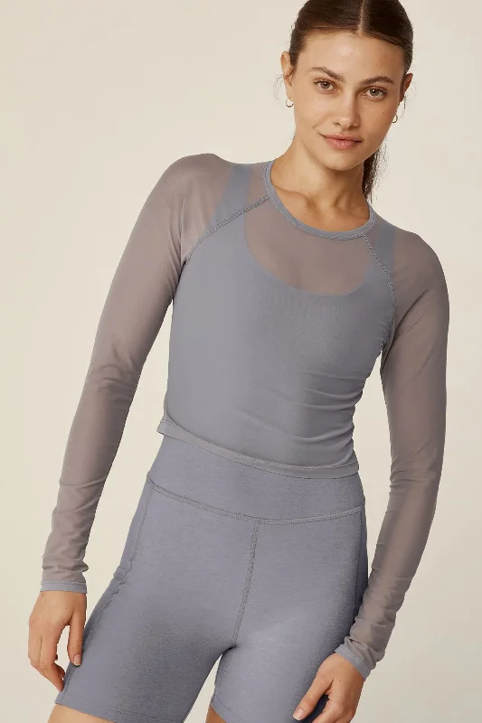 Women's Lightweight Long Sleeve T-shirt -Show Off Mesh Long Sleeved Cropped Top - Cloud Grey Women's Lightweight Long Sleeve T-shirt -Show Off Mesh Long Sleeved Cropped Top - Cloud Grey