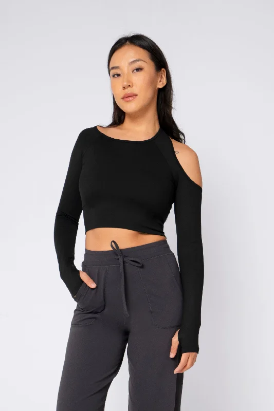 Women's Versatile Long Sleeve T-shirt with Detailed Design -Socialite Asymmetry Long Sleeve