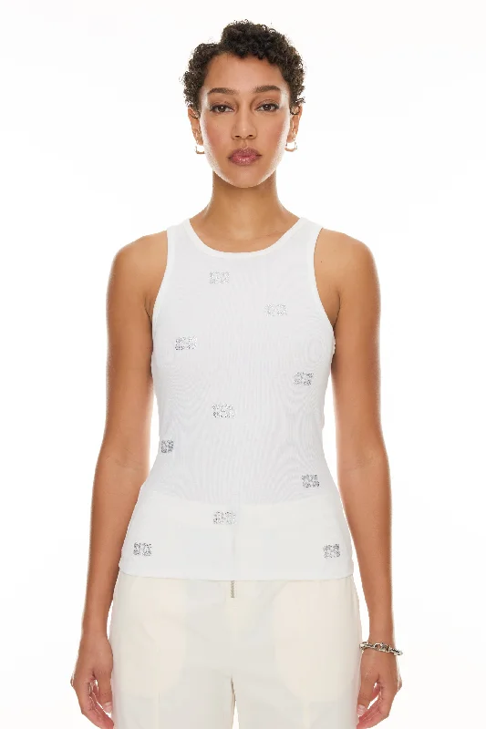 Women's Breathable Tank Tops for Sports -Soft Cotton Rib Rhinestone Butterfly Tank Top - Bright White