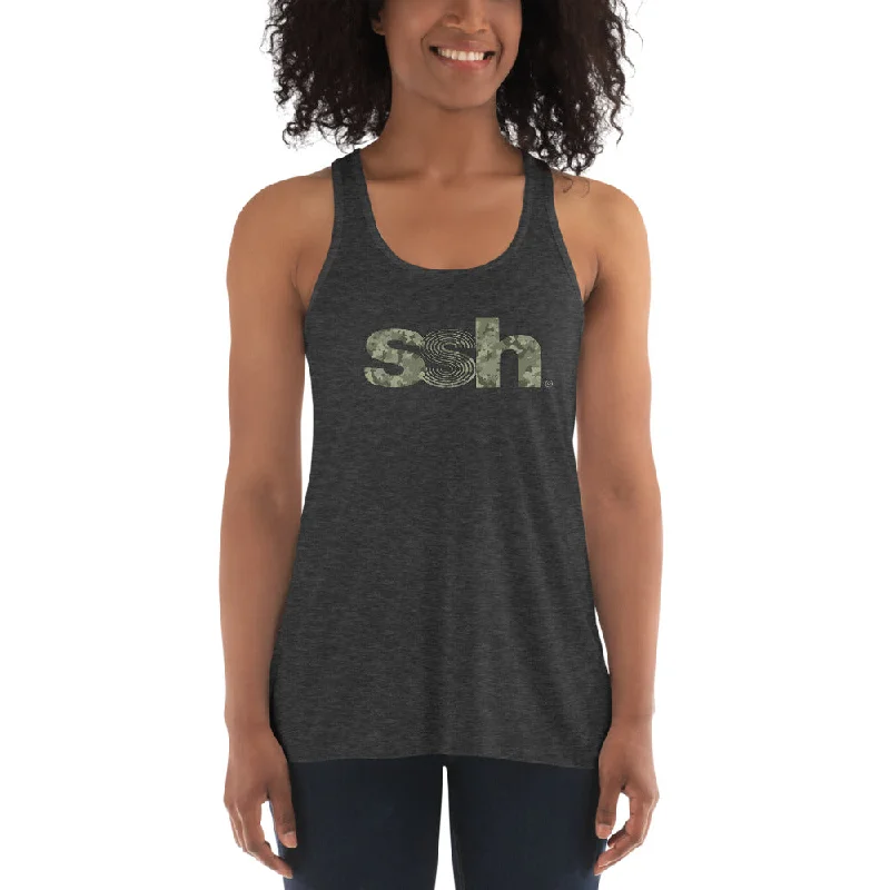 Women's V-neck Tank Tops -Steve Silk Hurley's ssh® branded Women's Flowy Racerback Tank (Heather Gray, with Green Camo)