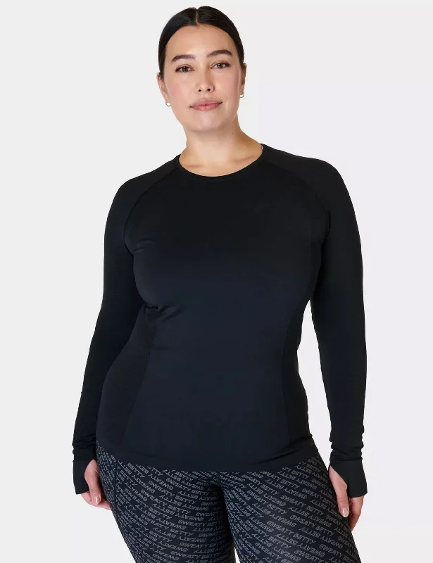 Women's Comfy Long Sleeve Shirt for Easy Days -Athlete Seamless Gym Long Sleeve Top - Black Women's Comfy Long Sleeve Shirt for Easy Days -Athlete Seamless Gym Long Sleeve Top - Black