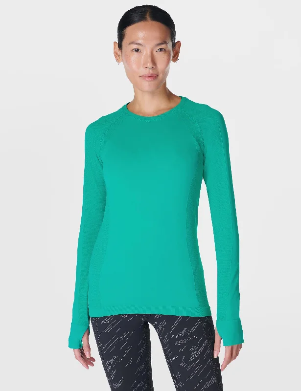 Women's Soft Cotton Long Sleeve T-shirt for Layering -Athlete Seamless Gym Long Sleeve Top - Gem Green Women's Soft Cotton Long Sleeve T-shirt for Layering -Athlete Seamless Gym Long Sleeve Top - Gem Green