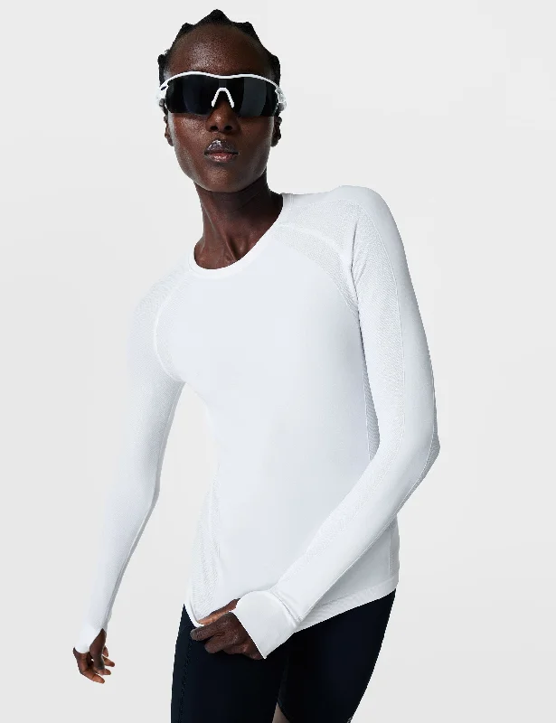 Women's Cozy Long Sleeve T-shirt for Winter Layering -Athlete Seamless Workout Long Sleeve Top - White Women's Cozy Long Sleeve T-shirt for Winter Layering -Athlete Seamless Workout Long Sleeve Top - White