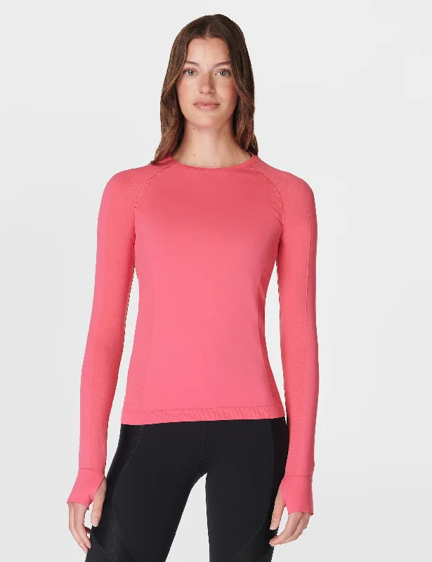 Women's Casual Long Sleeve T-shirt with Bold Print -Athlete Seamless Gym Long Sleeve Top - Sweet Pink Women's Casual Long Sleeve T-shirt with Bold Print -Athlete Seamless Gym Long Sleeve Top - Sweet Pink