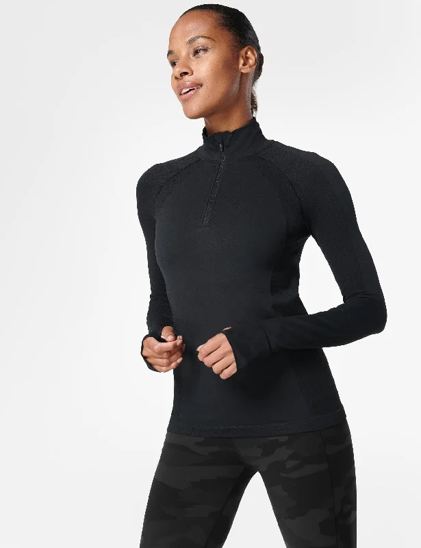 Women's Elegant Long Sleeve Shirt for Parties -Athlete Seamless Half Zip Long Sleeve Top - Black Women's Elegant Long Sleeve Shirt for Parties -Athlete Seamless Half Zip Long Sleeve Top - Black