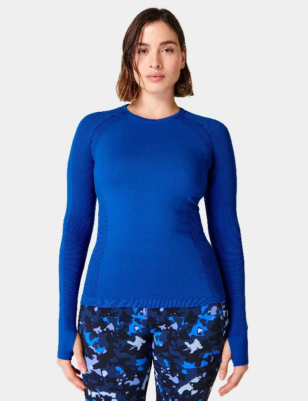 Women's Printed Long Sleeve T-shirt for Casual Outfits -Athlete Seamless Gym Long Sleeve Top - Lightning Blue Women's Printed Long Sleeve T-shirt for Casual Outfits -Athlete Seamless Gym Long Sleeve Top - Lightning Blue