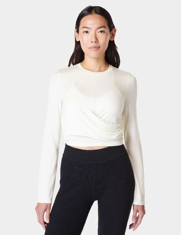 Women's Soft Long Sleeve Shirt with Simple Print -Wrap Front Long Sleeve Top - Lily White Women's Soft Long Sleeve Shirt with Simple Print -Wrap Front Long Sleeve Top - Lily White